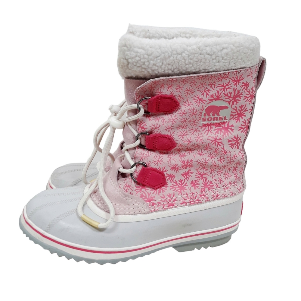 Sorel Yoot Pac Leather Snow Winter Boots Pink Snowflake - Picture 2 of 11